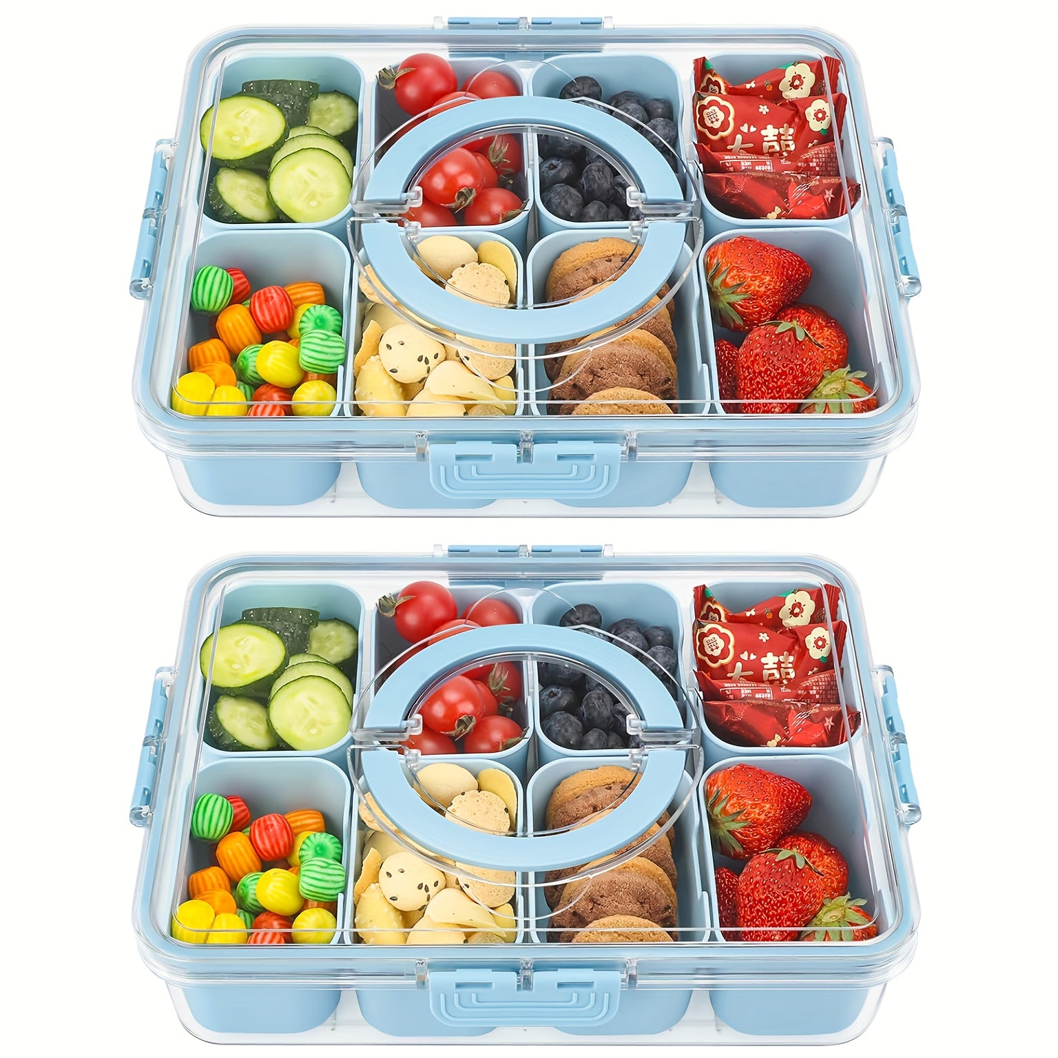 1/2 Pack 8-Compartment Snackle Box with Lid & Handle, Clear Divided Serving Tray and Portable Snack Container for Fruit, Veggies, Cheese,, & Charcuterie, Ideal for Travel, Picnic, Camping & Parties
