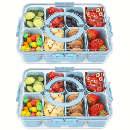 Snackle Box 8-Compartment Clear Divided Snack Container – 2 Pack with Lid & Handle, Portable Serving Tray for Fruit Veggies Cheese & Charcuterie, Travel Picnic Camping & Party – Blue