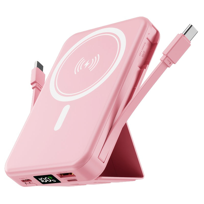 10000mAh Magnetic Power Bank with Digital Screen & Built-in Dual Cables - Charge 5 Devices Simultaneously, Portable USB Fast Charging Battery Pack with Stand, Compatible with iPhone 15 Pro Max iPad