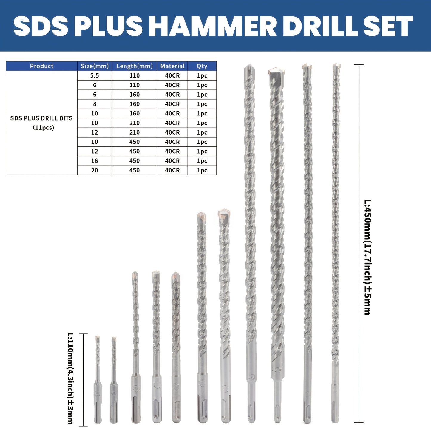 Hammer Drill Bit Set 11pcs, Round Shank Masonry Drill Bits for Concrete Brick Stone Wall, Home Installation Tool Kit for Drilling and Punching