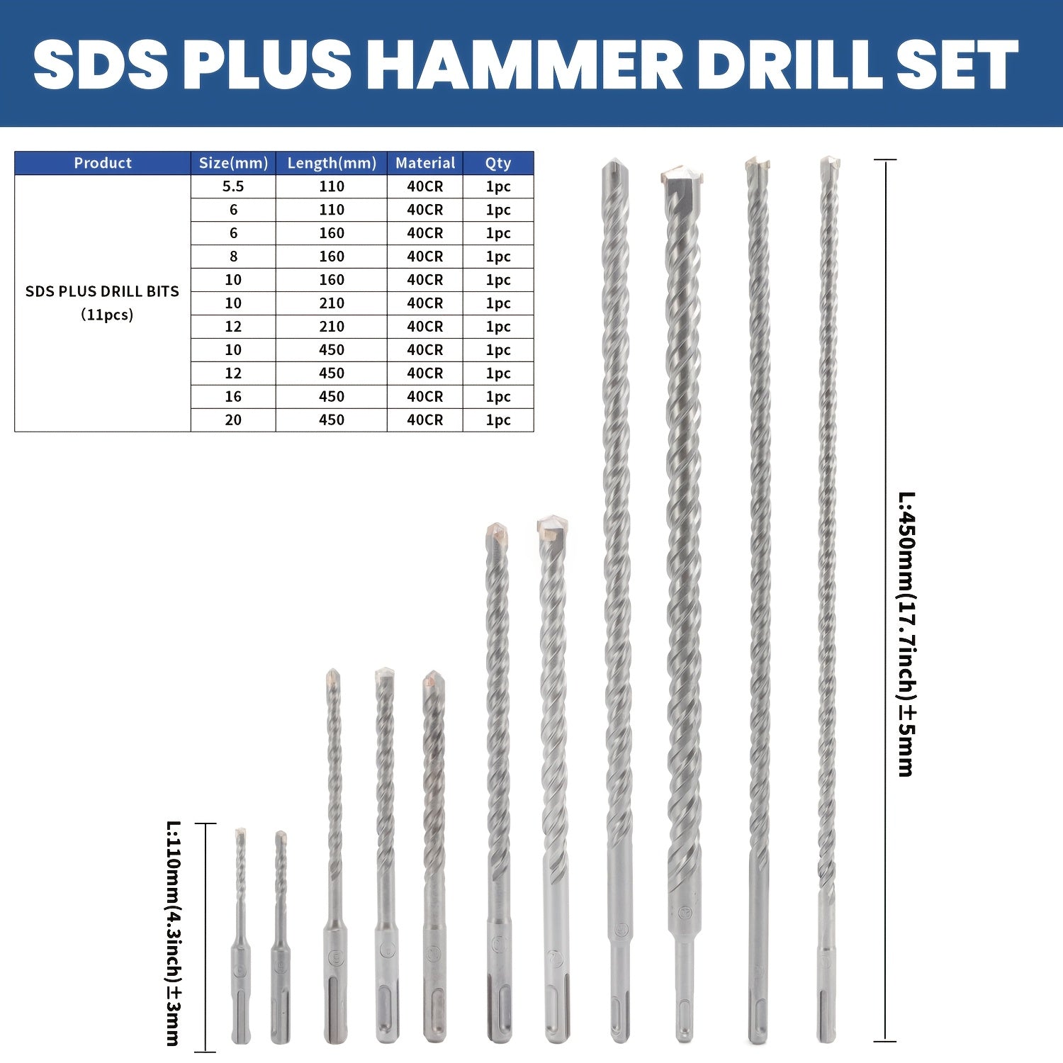 11pcs Round Shank Hammer Drill Bit Set, Drill Hammer Masonry Wall Cement Hole Drilling Home Installation Tool for Drilling and Punching Concrete, Masonry, Brick, and Stone