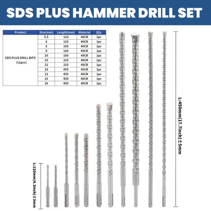 Hammer Drill Bit Set 11pcs, Round Shank Masonry Drill Bits for Concrete Brick Stone Wall, Home Installation Tool Kit for Drilling and Punching