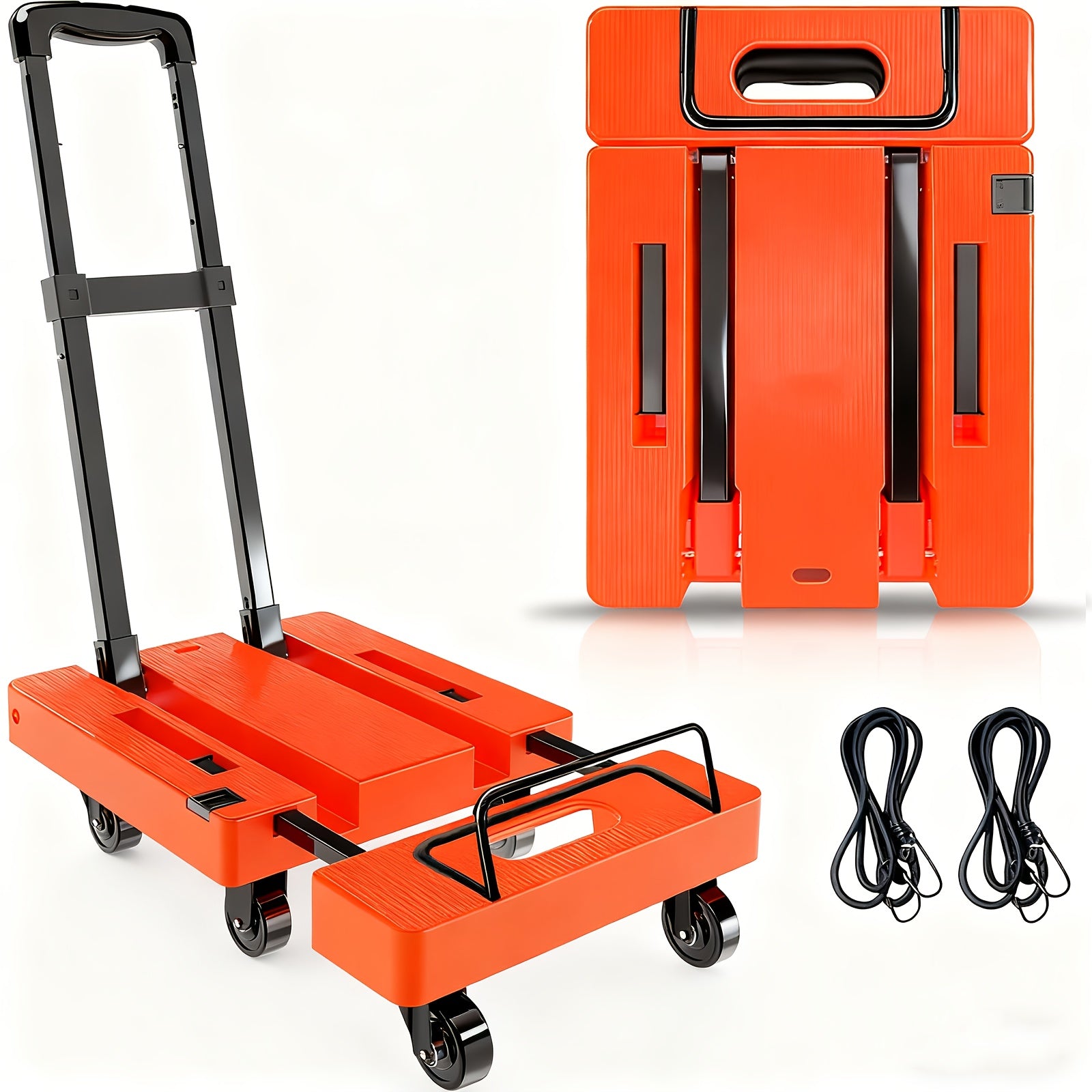 Folding Hand Truck 500 Lbs Heavy Duty, 6-Wheel Collapsible Dolly Cart with Extendable Base, Adjustable Telescoping Handle, 2 Elastic Ropes, Portable Luggage Cart for Moving Shopping Travel Industry