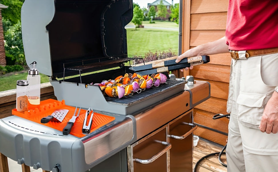 Blackstone Grill Mat - Large Silicone Spatula Pad with Drip Tray/Heat-Resistant & Non-Slip Surface/Utensil Holder for Outdoor BBQ, Kitchen Counter, and Griddle Accessories/Orange/Grilling Essentials|Modern Kitchen Accessory|Durable Silicone Mat, Grill Acc