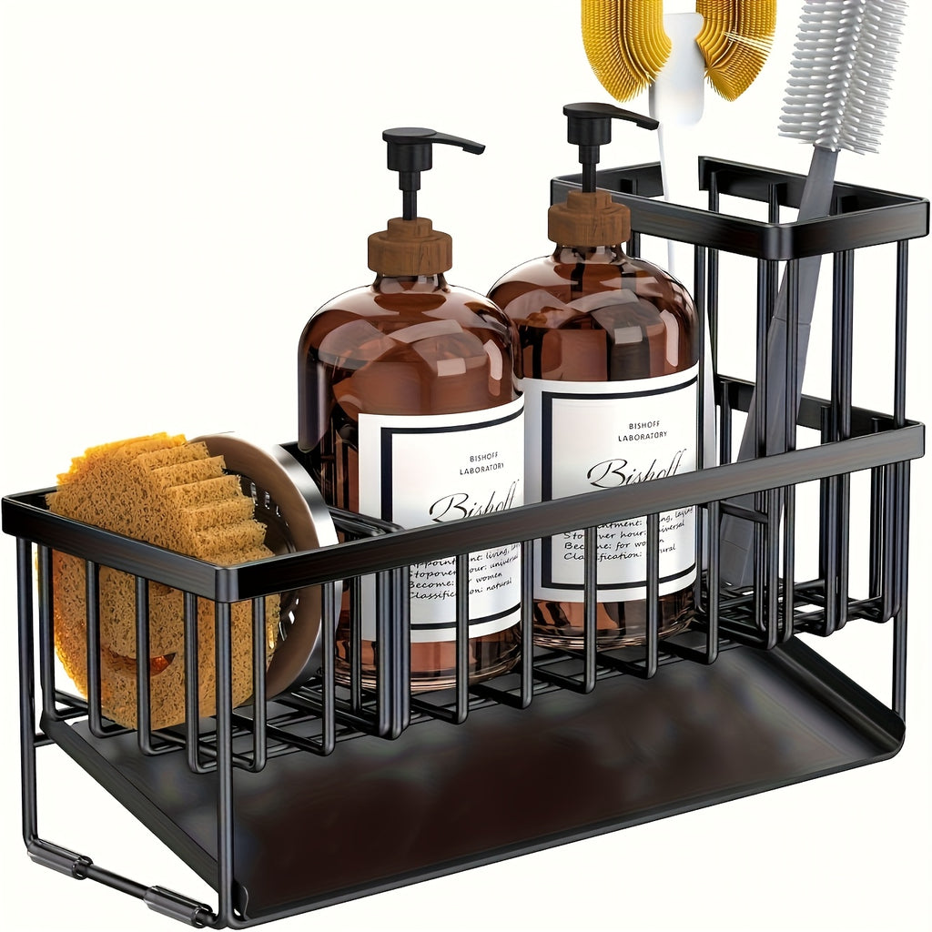 Heavy Duty Black Kitchen Sink Organizer with Drain Tray, Rust Resistant Carbon Steel Sink Storage Rack with Sponge Holder And Brush Holder, Space Saving Countertop Sink Caddy for Kitchen Storage And Organization