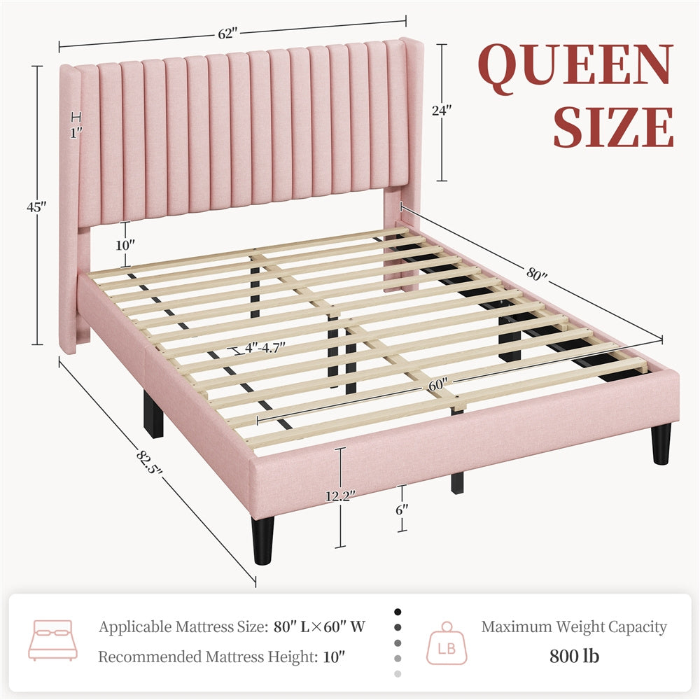 ALDEN DESIGN Bed Frame, Upholstered Bed Frame with Wing Side, Fabric Upholstered Bed with Headboard, Platform Bed Frame with Channel Tufted Headboard, Mattress Foundation with Wood Slat Support, No Box Spring Needed,King/Queen/Full, Ivory/Dark Gray/Black/