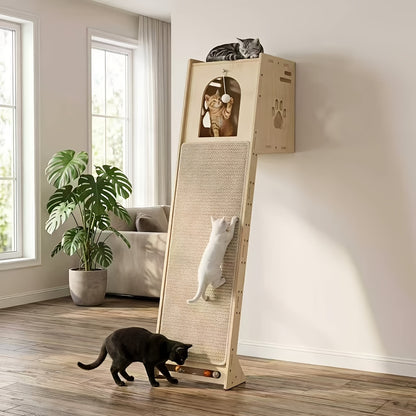 59-Inch Wall Mounted Cat Tree Tower for Large Cats & Kittens – Space-Saving Birch Wood Cat Furniture with Cave, Sisal Scratching Board & Interactive Toys for Small Apartments