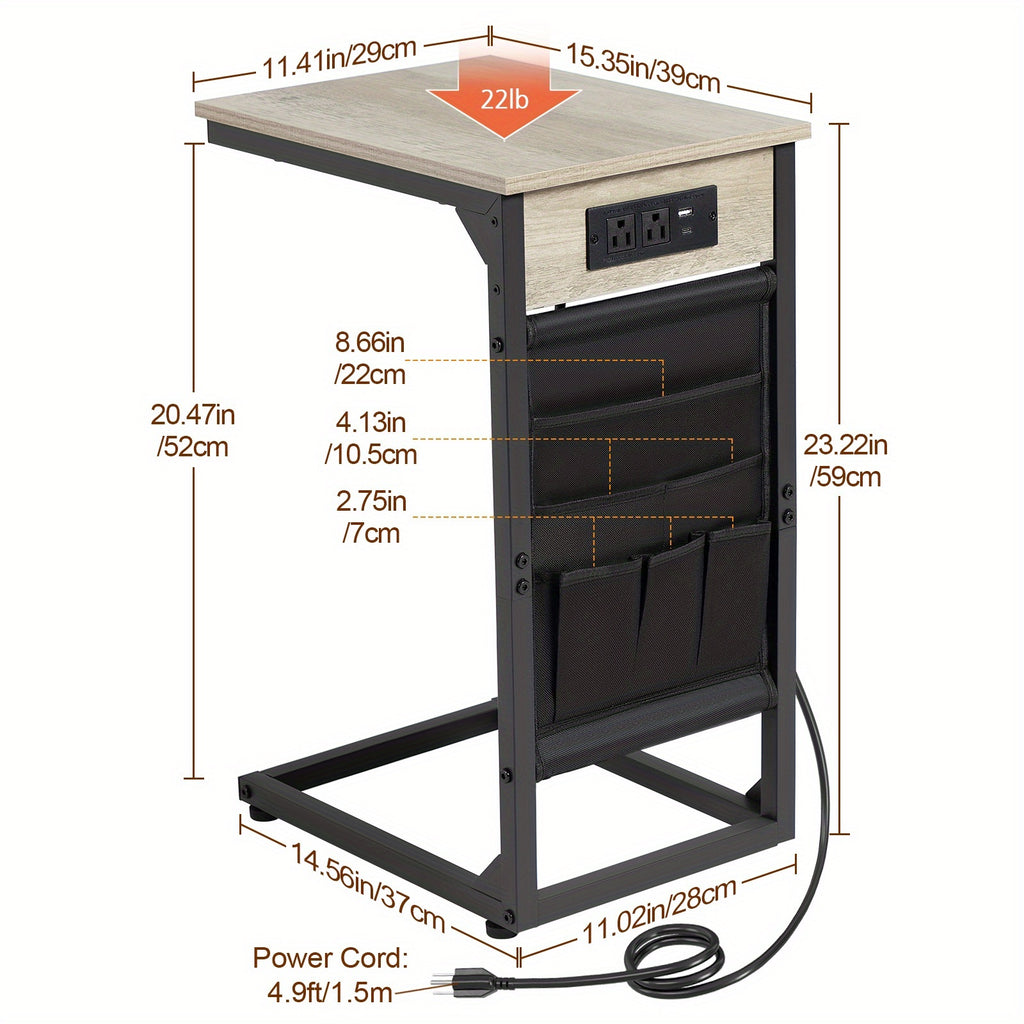 AMHANCIBLE 1/2pcs C-Shaped End Table, Small Sofa Side Table (with or Without Charging Station), Sofa Table with Metal Frame for Living Room, Bedroom, Bedside, Spring