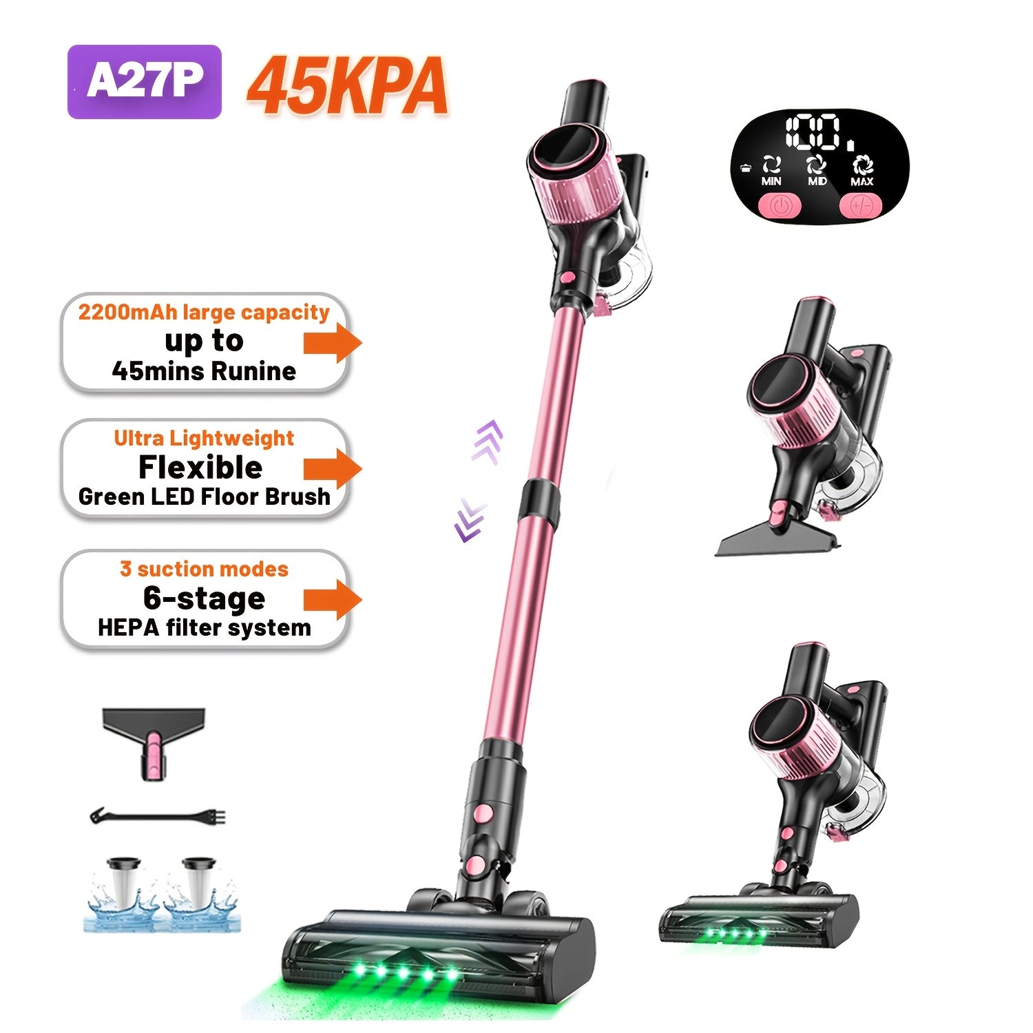 10-in-1 Cordless Stick Vacuum Cleaner with Green Light Detection, Anti-Tangle Brush, 45-Min Runtime, 3 Suction Modes – Lightweight Rechargeable Vacuum for Hardwood Floor, Carpet & Pet Hair