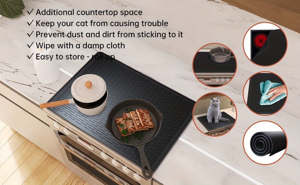 1pc Silicone Stove Top Cover Mat, Heat Resistant Glass Cooktop Protector, Flat RV Range Stovetop Cover, Extra Large Dish Drying Mat for Kitchen, 28"X20" - BLACK