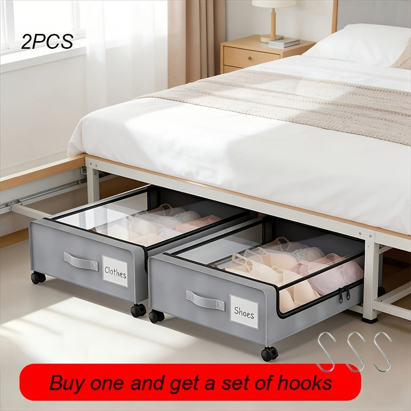 Rolling Under-Bed Storage Cabinet on Wheels with Transparent Window & Label, Metal Under-Bed Drawer Container for Clothes Shoes Organization, 1-Pack 2-Pack Gray Black