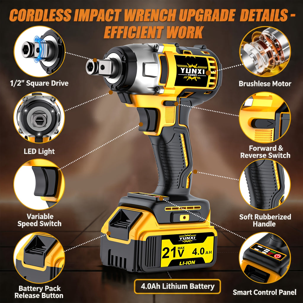 21V Brushless Lithium Cordless Impact Wrench + Drill Kit, Wireless Impact Gun Drill. Optional Toolbox, Charger, Sockets And Complete Accessories. Suitable for Car And Home Use, Ideal Gift for Men, Perfect for Father's Day.