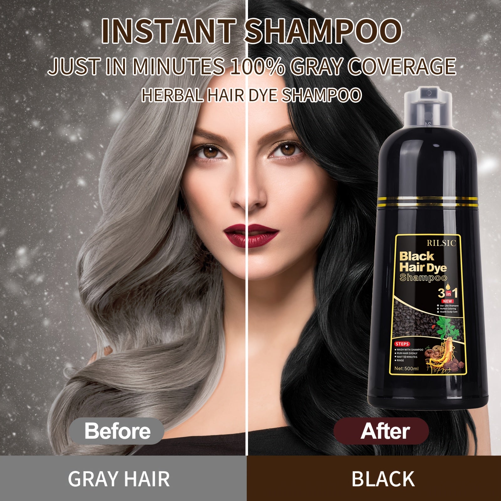Hair Dye Shampoo for Grey Hair 3-Pack - Herbal Natural 3-in-1 Instant & Long-Lasting Gray Hair Coverage Shampoo for Men & Women, Plant Squalene Formula for All Hair Types
