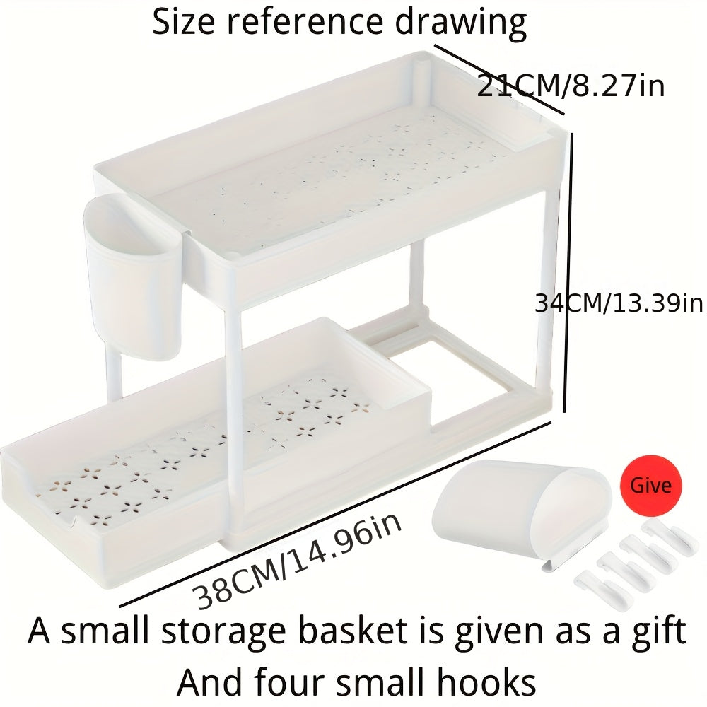 Under-Sink Storage Box with Sliding Drawers, 2-Layer Sliding Cabinet Basket, Bathroom Kitchen Cabinet Storage Box with Hooks, Storage Cups, Household Kitchen Additions, Utility Racks