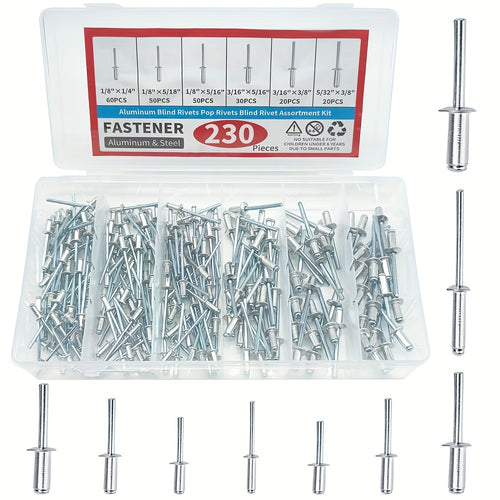 230-Piece Assorted Pop Rivet Kit, 6 SAE Sizes (1/8", 5/32", 3/16"), Blind Rivets with Reinforced Divider and Labeled Storage Case, Corrosion-Resistant for Metal Plates Pipes DIY Repairs