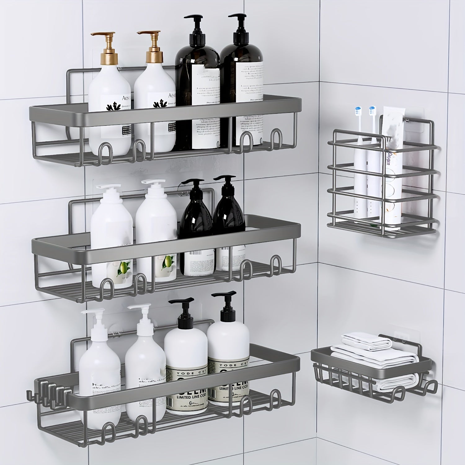 Stainless Steel Shower Caddy 5-Piece Set – Wall Mounted Adhesive Bathroom Organizer with Soap Dish & Toothbrush Holder | No-Drill Shower Shelf Rack for Inside Shower | 9 Colours | ShopVora CA