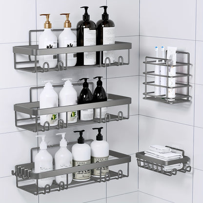 Stainless Steel Shower Caddy 5-Piece Set – Wall Mounted Adhesive Bathroom Organizer with Soap Dish & Toothbrush Holder | No-Drill Shower Shelf Rack for Inside Shower | 9 Colours | ShopVora CA