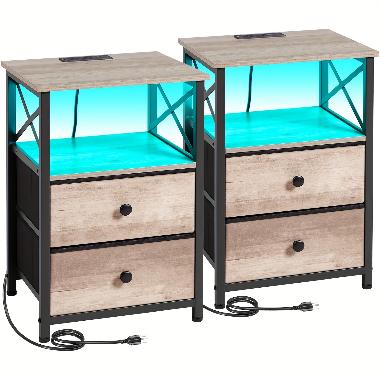 LED Nightstand with Charging Station & Fabric Drawers – Modern Bedside Table End Table for Bedroom Living Room, Better Storage (1pc or 2pcs Set)