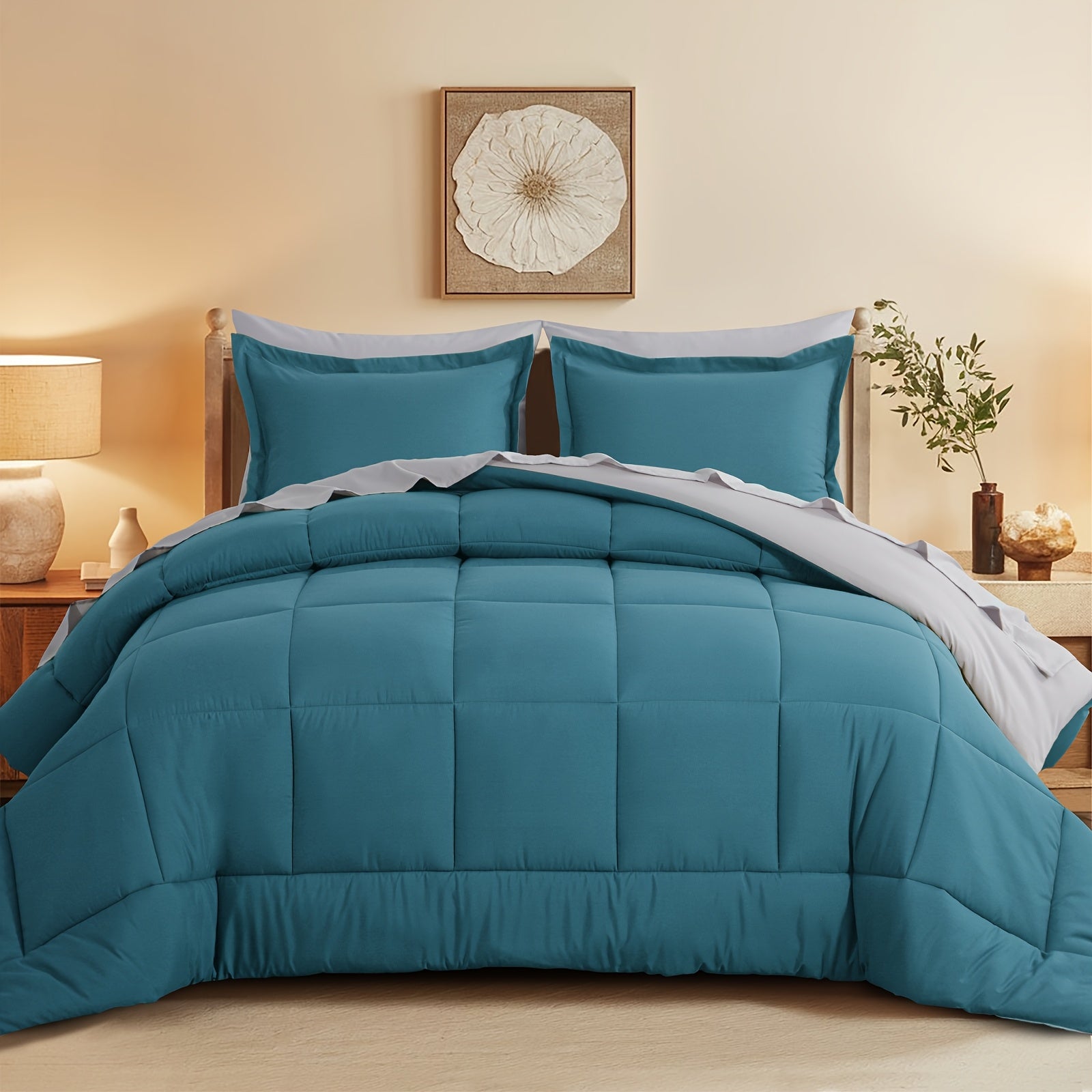 7pcs Reversible Bedding Set Soft Microfiber – Lightweight Breathable Comforter Flat Sheet Fitted Sheet & Pillowcases, All-Season Family Bedding Gift Set