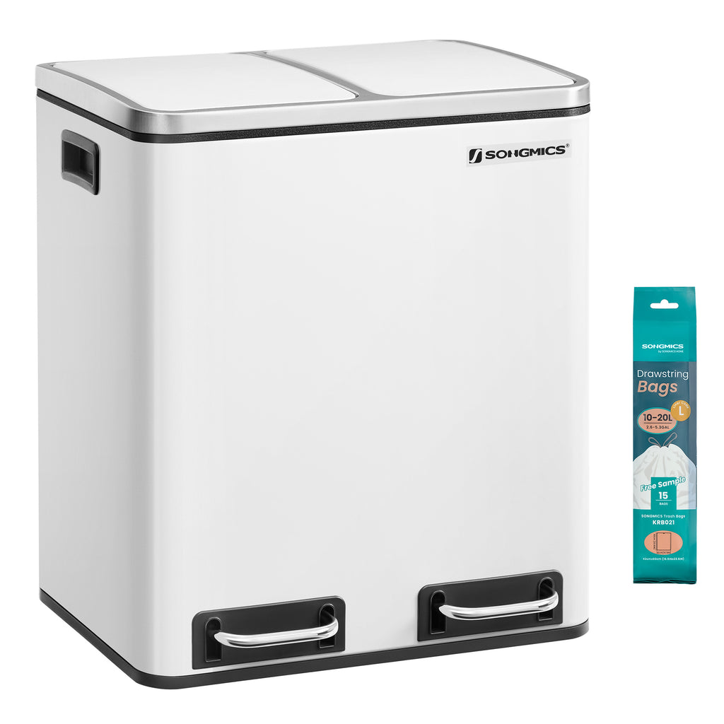 Garbage Can, 2 x 4 Gallon (2 x 15 L) Trash Can, Recycle Bin with Soft-Close Lids, Pedals, and Inner Buckets for Kitchen, Stainless Steel, Silver