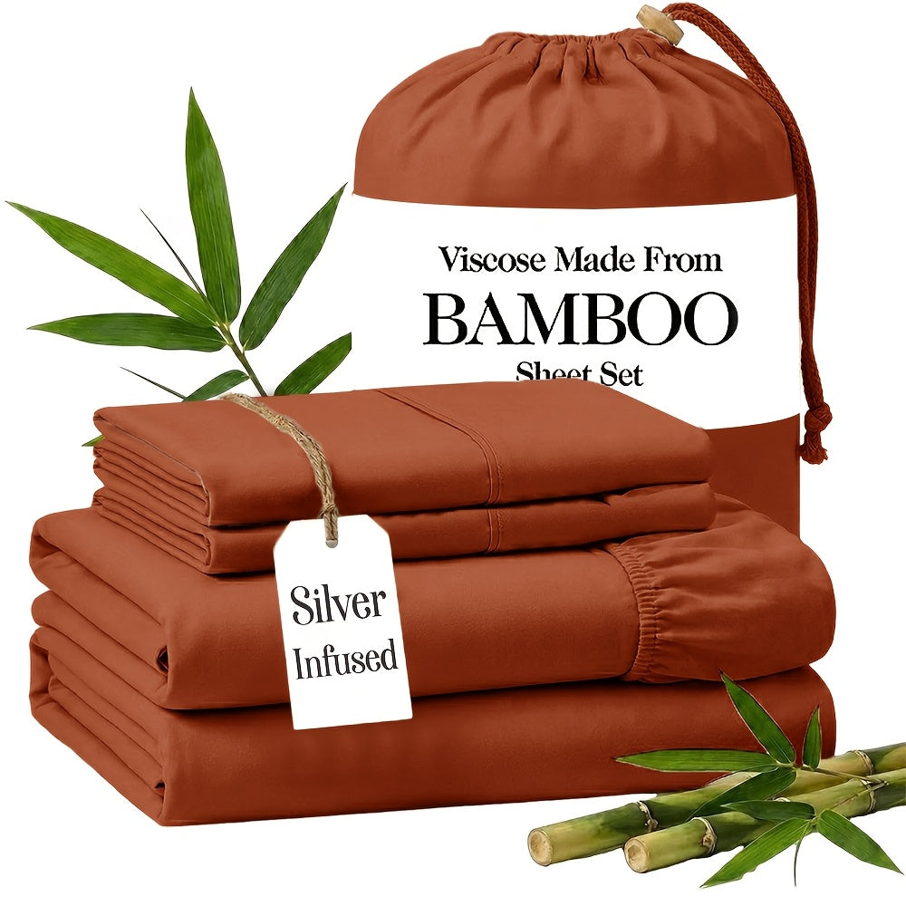 Silver Infused Bamboo Sheet Set 3/4pcs – Ultra-Soft Cooling Bed Sheets with 17" Deep Pockets, Antibacterial Wrinkle-Free Viscose Bedding for Hot Sleepers, Fitted Sheet, Flat Sheet & Pillowcases, Twin Full Queen King, 7 Colours