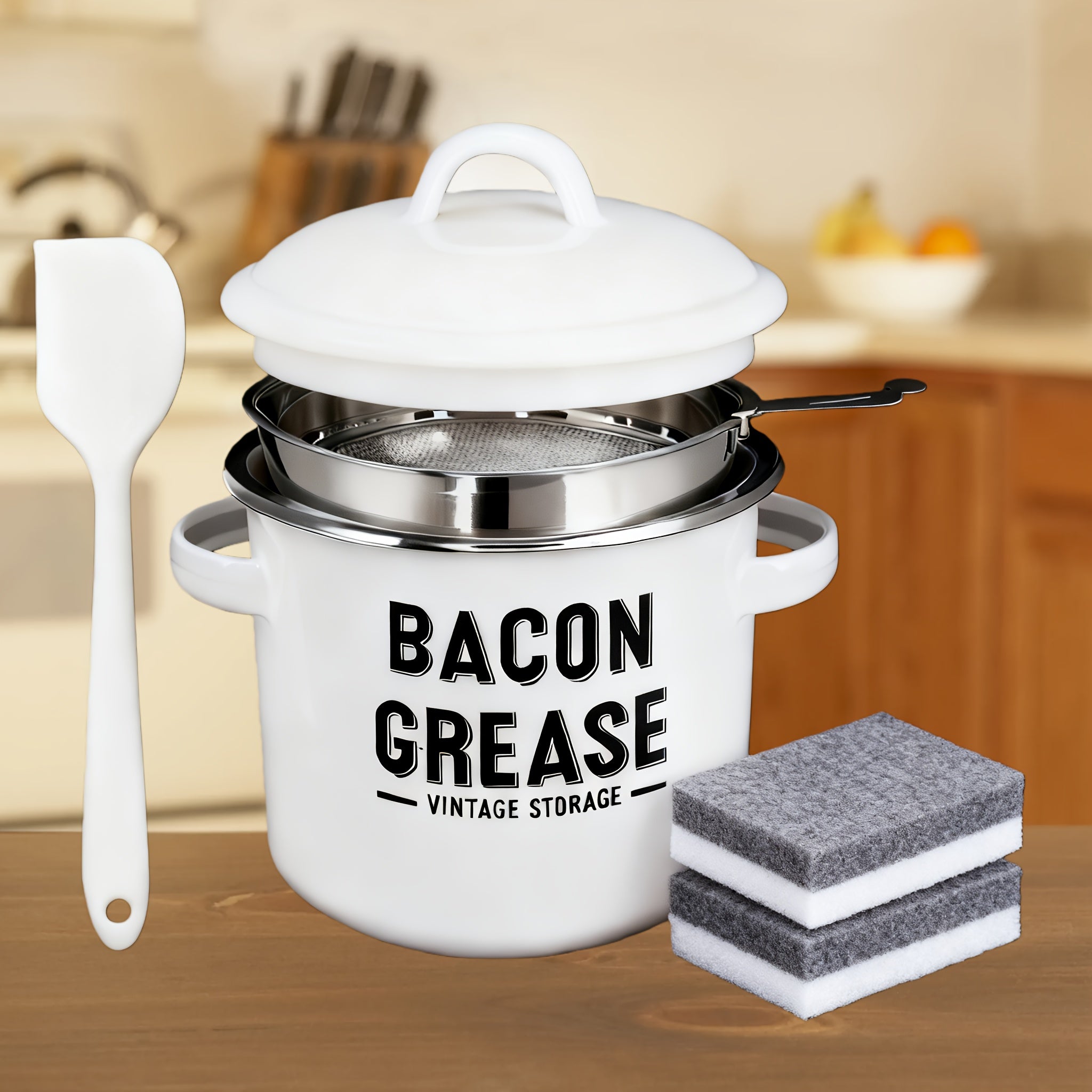 Grease Container with Strainer 46oz Cooking Oil Storage Jar with Lid, Scraper & Filter Mesh – Farmhouse Kitchen Bacon Fat Keeper, Large Grease Pot for Home Cooking, Gift for Moms & Food Lovers Canada