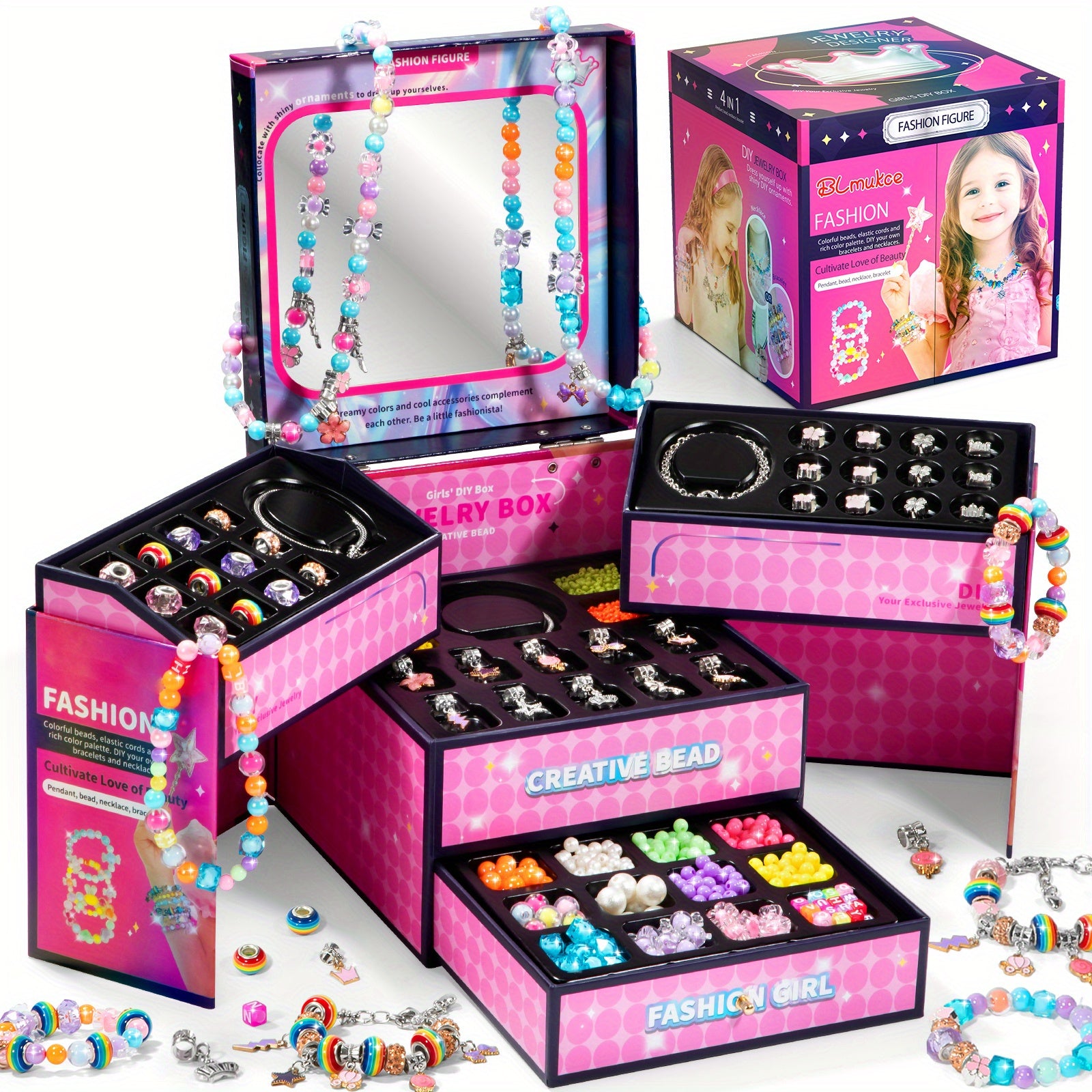 Princess DIY Beaded Jewelry Making Set with Jewelry Box & Mirror - Bracelets, Necklaces & Beads Craft Kit, Birthday Gift for Girls Kids Ages 3 and Up, Pink or Blue