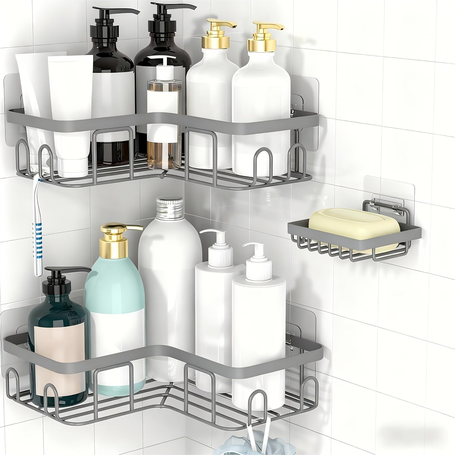 Shower Caddy 3-Pack Wall Mounted Corner Shower Organizer with Soap Holder & 8 Hooks - No Drilling Bathroom Shelf for Shampoo, Conditioner & Kitchen Countertop Storage