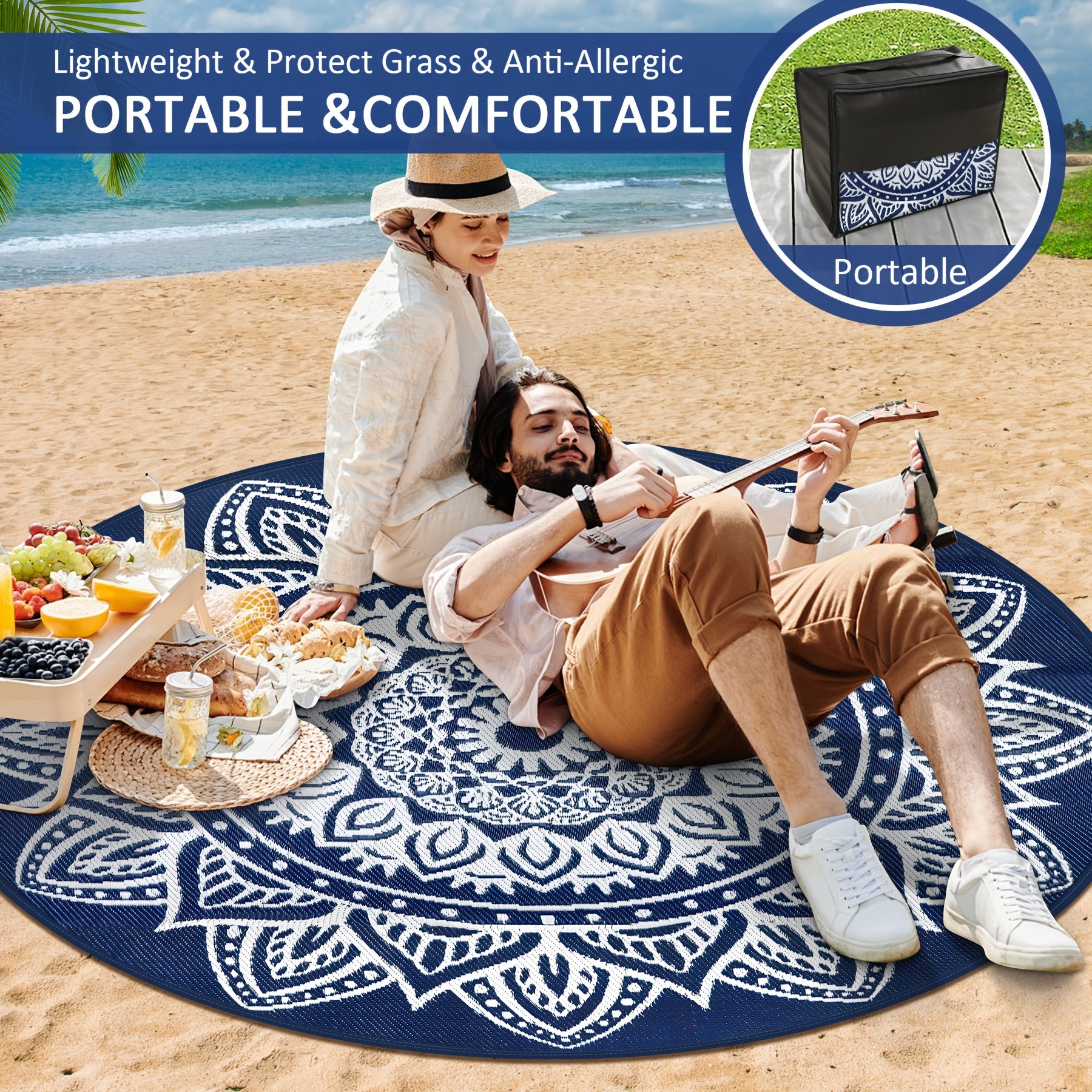 Round Boho Outdoor Rug Reversible Circle Patio Carpet – Lightweight Portable Outdoor Area Rug for Patio, Balcony, Camping & Backyard, Bohemian Style Weatherproof Floor Mat