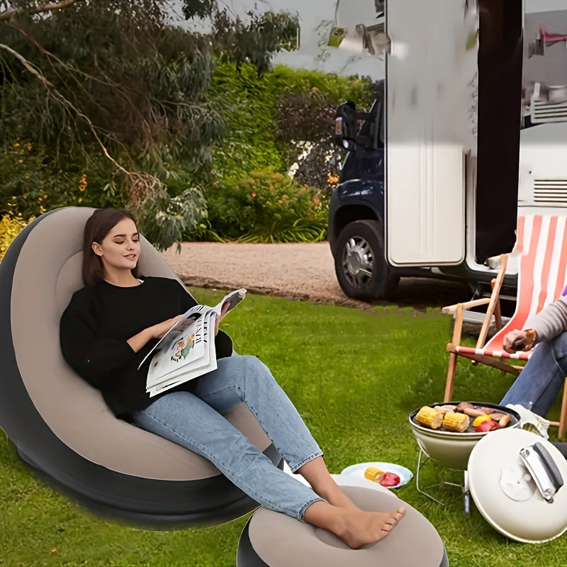 Inflatable leisure sofa chairs and footstools, foldable inflatable lazy sofa lounge chairs are convenient to carry, very suitable for indoor, outdoor, courtyard, camping, outdoor leisure (with foot pedal inflation pump)