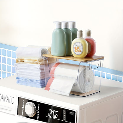 Clear Acrylic Stackable Trash Bag Dispenser with Bamboo Lid – Extra-Large Trash Bag Holder & Kitchen Organizer for Under-Sink, Laundry Room, Pantry & Cabinet Storage – 1, 2 or 4 Pack