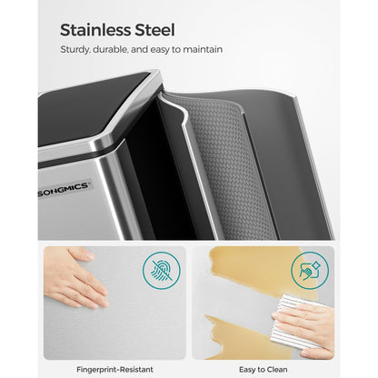 Dual Compartment Stainless Steel Recycling Trash Can – 2 x 4 Gallon (2 x 15L) Kitchen Recycle Bin with Soft-Close Lids, Foot Pedals & Removable Inner Buckets – Fingerprint-Resistant Silver