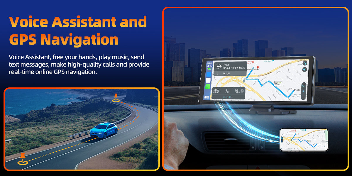 Portable Wireless CarPlay Screen for Car – 7"/9"/9.26" HD Display, Android Auto, GPS Navigation, Bluetooth, FM, AUX, AirPlay, Voice Control, Plug & Play for All Vehicles (Lamtto)