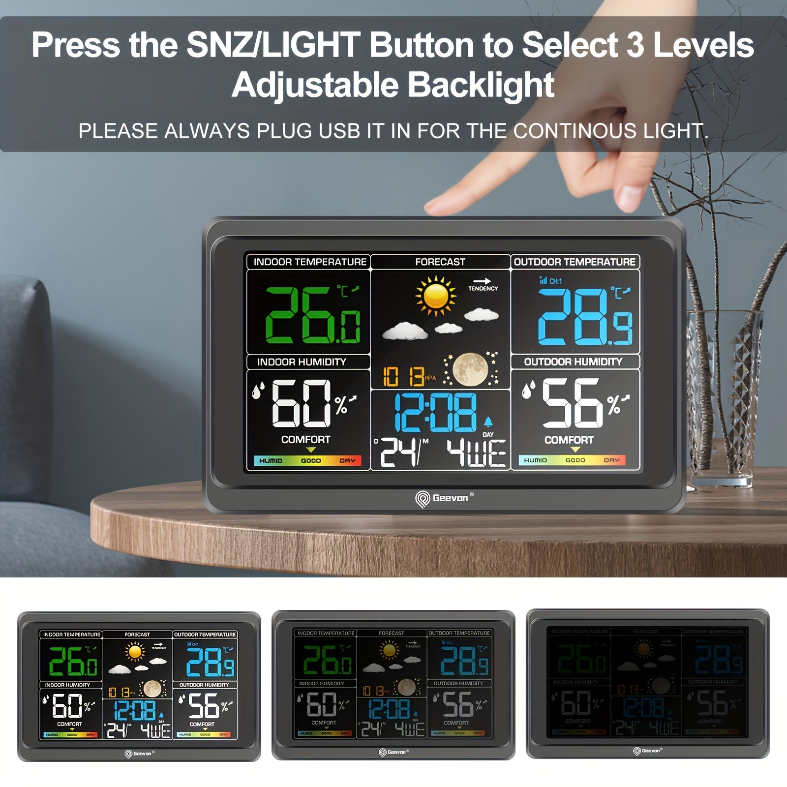 1pc Geevon Weather Station Wireless Indoor Outdoor Thermometer, Color Display Weather Thermometer, Digital Temperature Gauge with Barometer, Calendar, USB Charge And Adjustable Backlight(Without Battery)