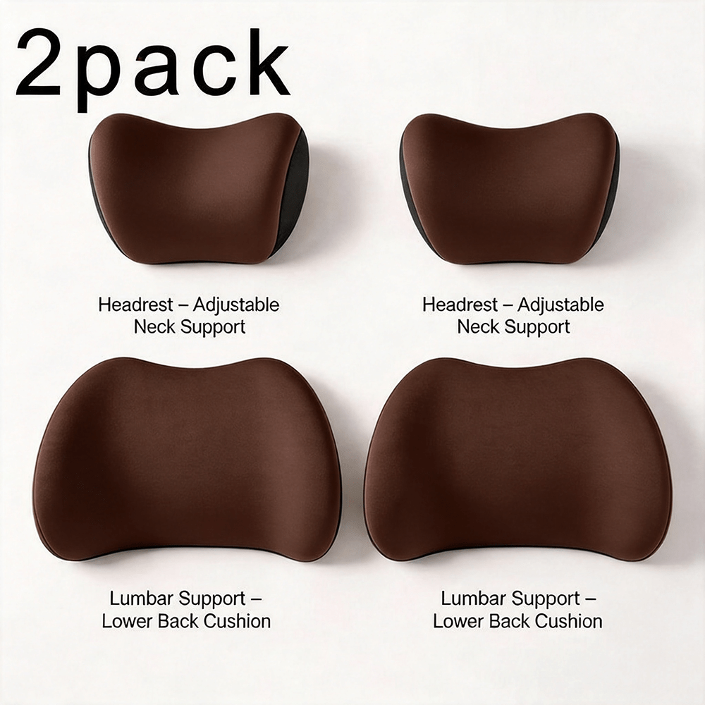 Car Headrest & Lumbar Support Cushion Set – Ergonomic Foam, Breathable Mesh | Black, Grey, Pink, Blue, Brown