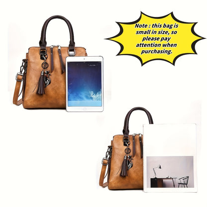Oil Wax PU Tassel Women's 4-Piece Bag Set – Retro Tote, Crossbody Shoulder Bag, Handbag & Wallet | Large Capacity for Daily Commuting & Travel | Best Birthday, Christmas & Valentine's Day Gift