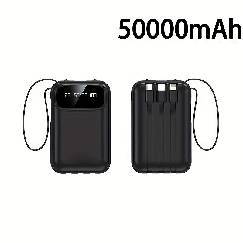 50000mAh Portable Power Bank – Fast Charging for iPhone & Android, 4 Built-In Cables, LED Power Display, Lanyard, Outdoor Emergency Backup Battery (Black/Purple)