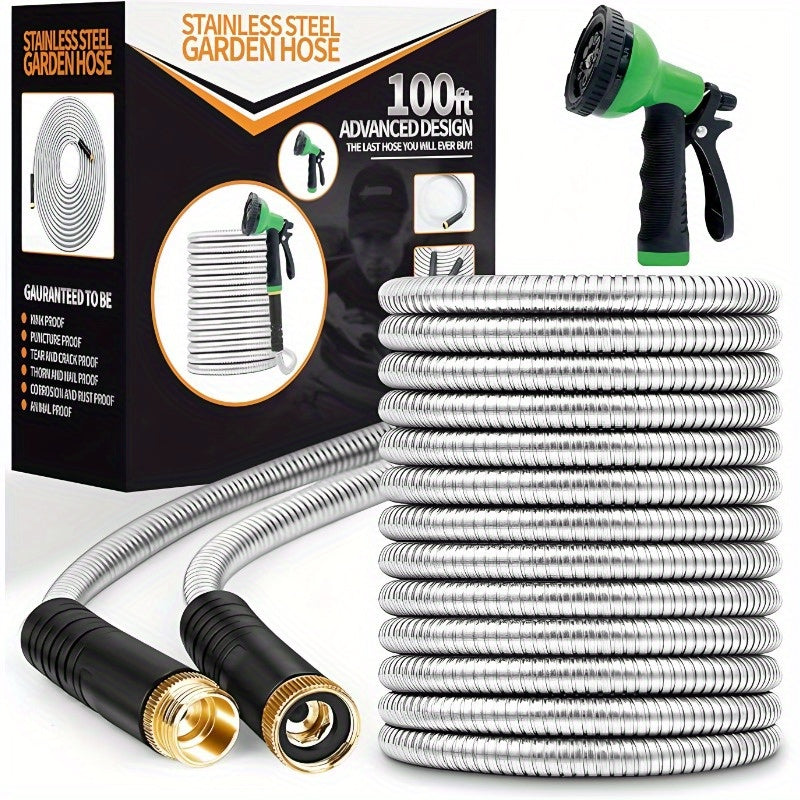 304 Stainless Steel Metal Garden Hose – Flexible Kink-Free Leakproof Water Hose with 10-Function Spray Nozzle & Brass Connectors, Corrosion & UV Resistant, Lightweight for Lawn Farm Construction – 25ft 50ft 75ft 100ft