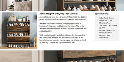 Entryway Shoe Cabinet Rustic Brown with 2 Flip Drawers & Open Shelf - Freestanding Narrow Shoe Rack Organizer Metal Legs Hidden Storage Holds 12-16 Pairs - Canada