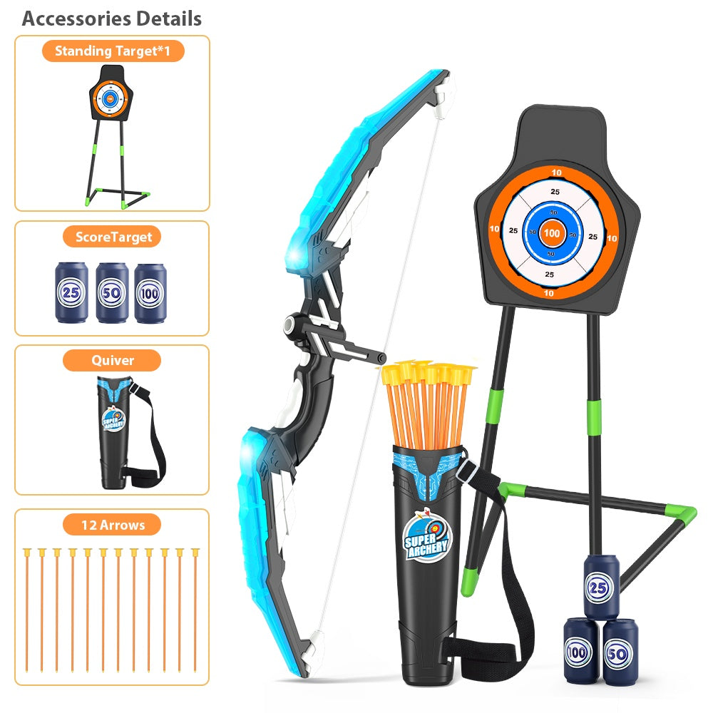 HYES 2 Set of Bow And Arrow Featuring a 29" Large Dart Board, Illuminated Archery Kit with 24 Suction Cup Arrows, Suitable for Indoor And Outdoor Play, Perfect Gifts for Boys And Girls Aged 3 to 12