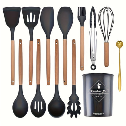 Kitchen Silicone Cooking Utensil Set 13/20pcs – Non-Stick Safe Spatula Spoon Tongs with Storage Rack, Heat Resistant Kitchen Tools for Daily Cooking & Baking, Green Pink Khaki