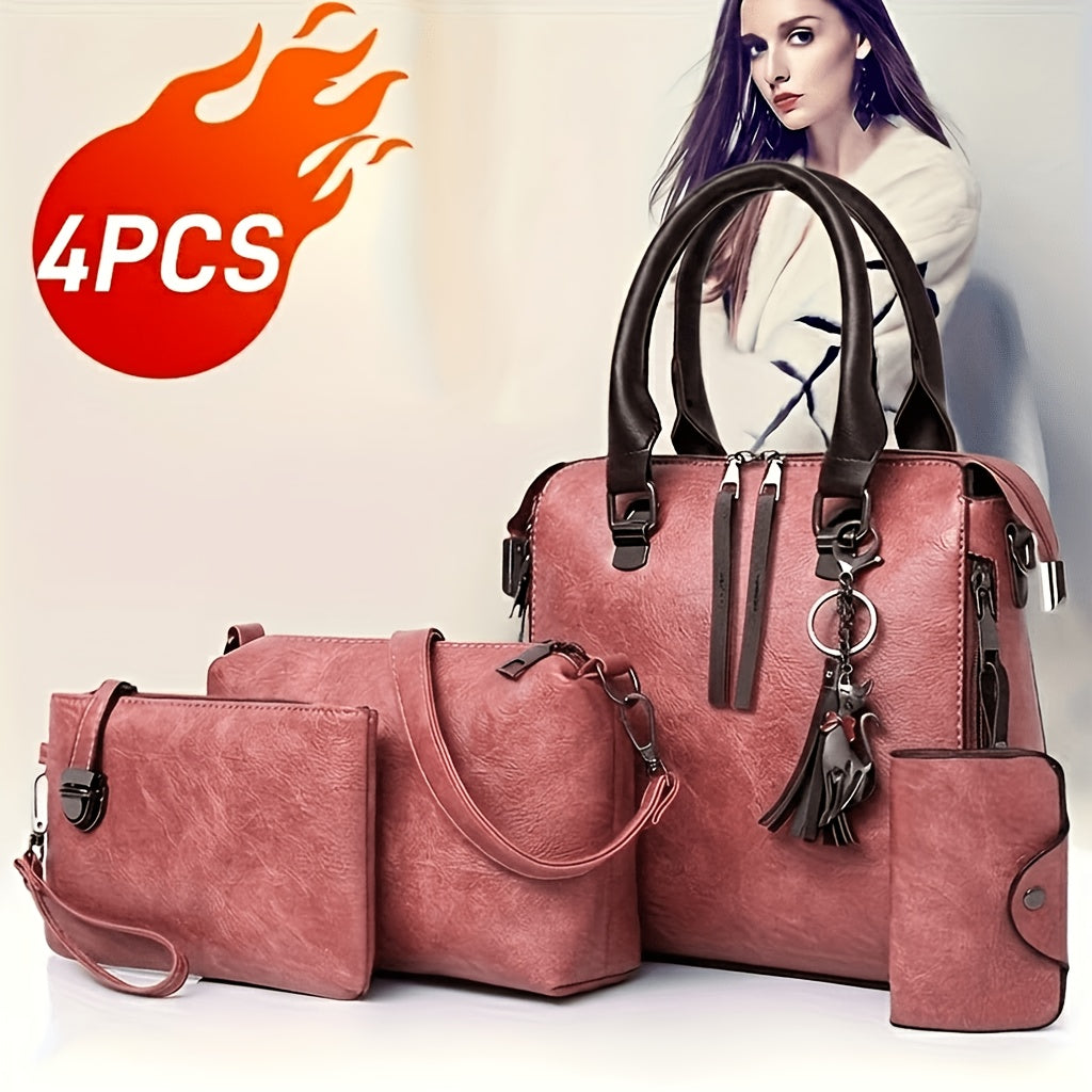 Fashionable And Versatile 4pcs Women'S Bag Set, Retro Tote Bag, Crossbody Shoulder Bag, Handbag, Wallet, Oil Wax PU Tassel Tote Bag, Meeting The Needs of Daily Commuting, Travel, for Best Birthday Gifts, Christmas And Valentine'S Day Gifts