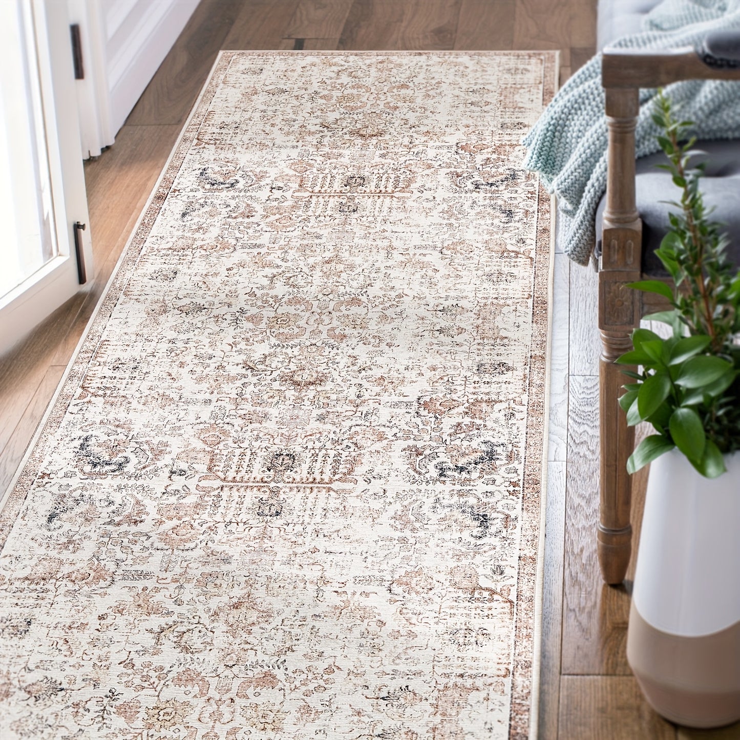 Vintage Boho Distressed Floral Area Rug – Machine Washable, Non-Slip Backing, Stain Resistant – Retro Oversized Accent Carpet for Living Room, Bedroom, Kitchen & Dining Room