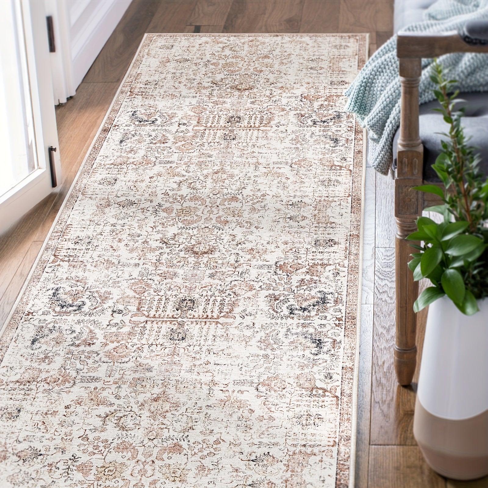 Vintage Boho Distressed Floral Area Rug – Machine Washable, Non-Slip Backing, Stain Resistant – Retro Oversized Accent Carpet for Living Room, Bedroom, Kitchen & Dining Room