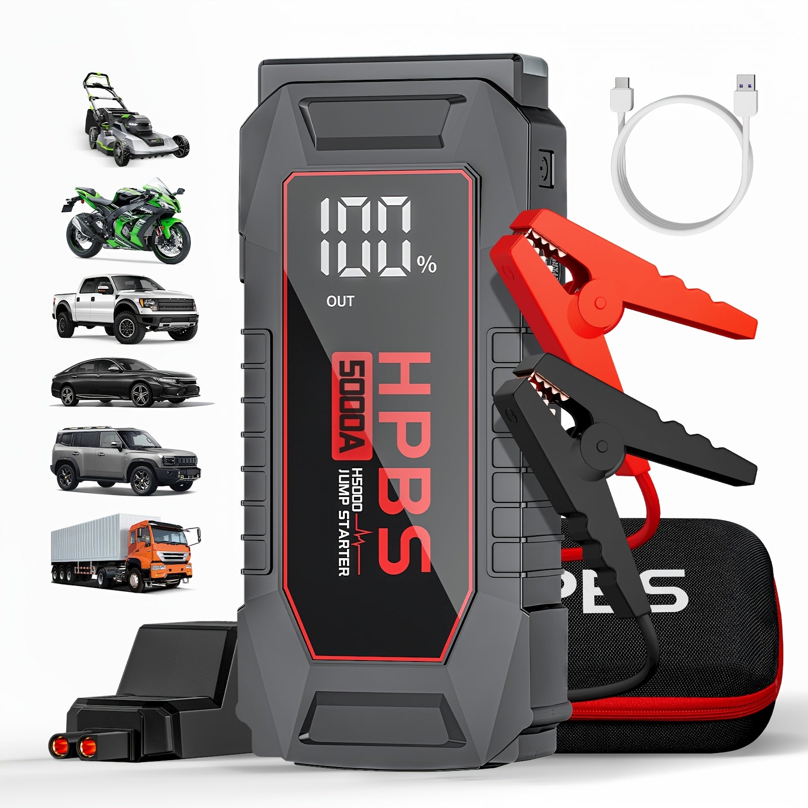 HPBS 5000A Jump Starter Battery Pack With 24000mAh Power Bank, 12V Battery Booster Charger For All Gas And 2.64gal Diesel Engines-Motorcycle, Car, SUV, PICK-UP, Truck, Quick Start Dead Battery, Multi-functional Flashlight For Outdoor Adventures