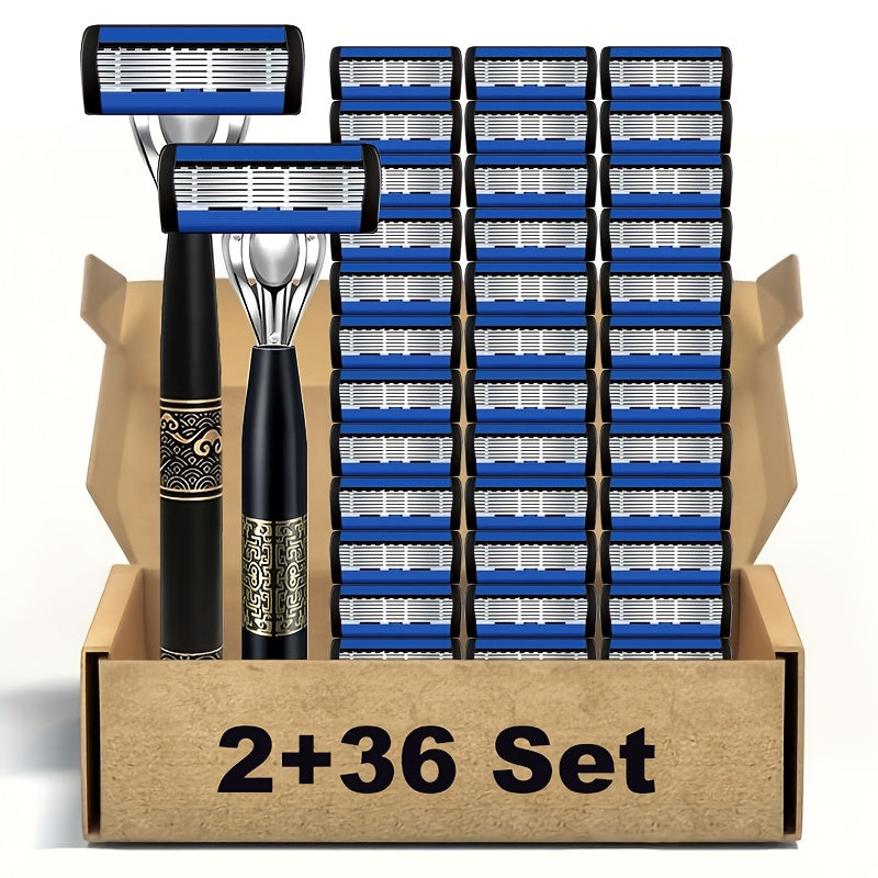 Men's Stainless Steel Manual Razor Set - 1 or 2 Handles with 18/36/54 Replacement Blades, High-Quality Manual Shaver Kit for Men, Close Shave Razor with Bulk Blade Pack Value Set