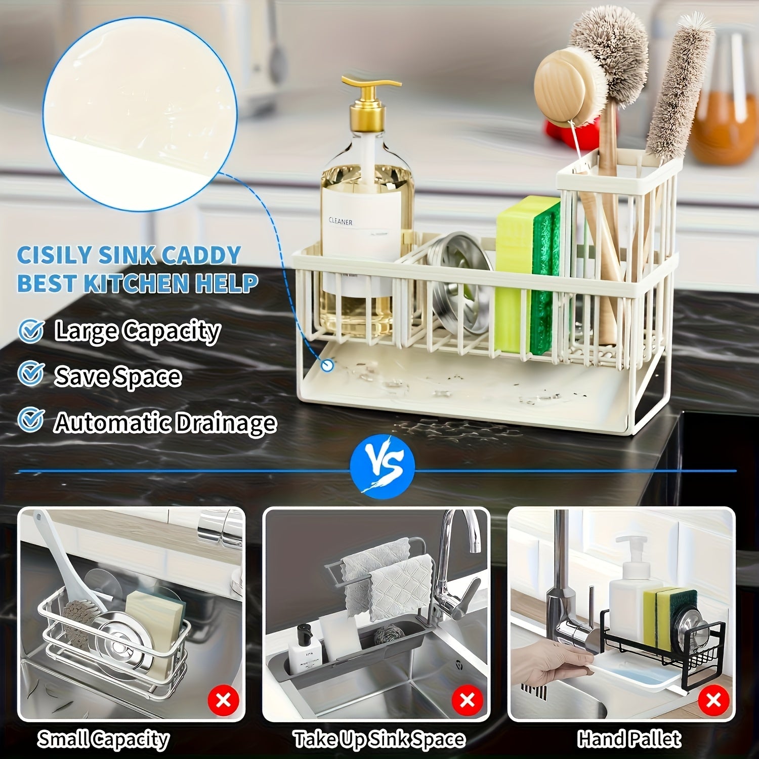 Heavy Duty Black Kitchen Sink Organizer with Drain Tray, Rust Resistant Carbon Steel Sink Storage Rack with Sponge Holder And Brush Holder, Space Saving Countertop Sink Caddy for Kitchen Storage And Organization