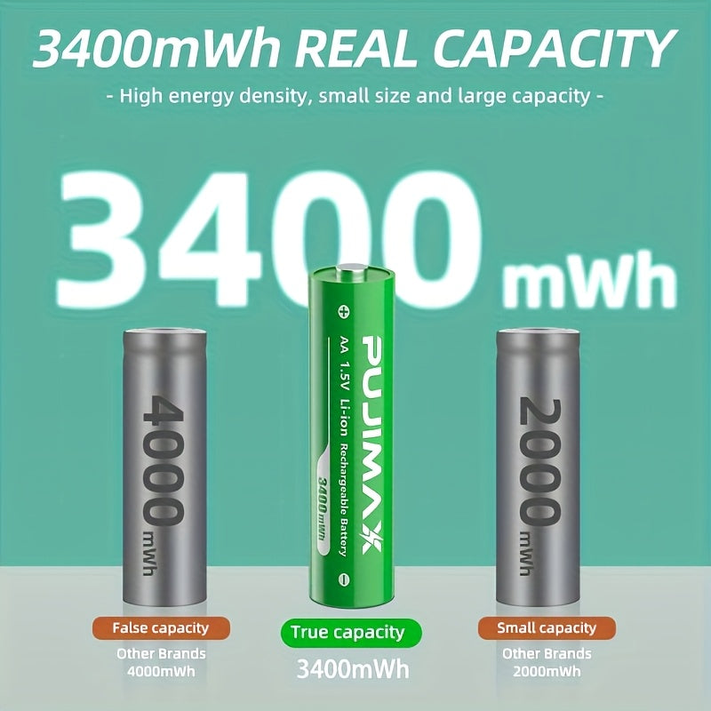 PUJIMAX 1.5V AA Rechargeable Lithium Battery with Fast Charger Box, 8pcs 3400mWh High Performance Lithium Battery, Easy Storage And Quick Charging, Quick Charging Solution, Long Lasting Rechargeable AA Lithium Ion Battery And All-in-One Charging Box