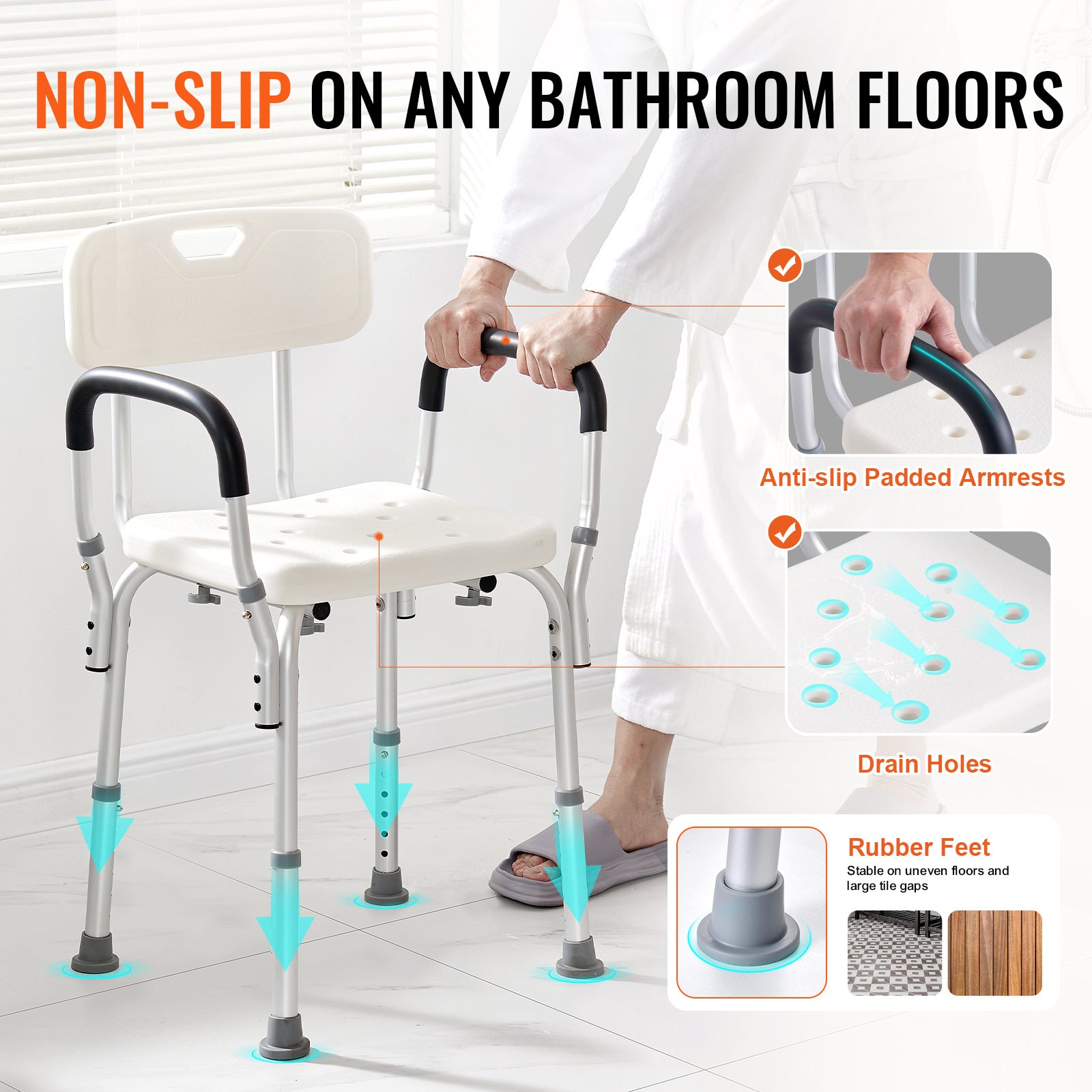 VEVOR Shower Chair, Adjustable Height Shower Stool, Shower Seat for Inside Shower or Tub, Non-Slip Bench Bathtub Stool Seat for Elderly Disabled Handicap, 350 LBS/ 500 LBS Capacity, No handrails/With handrails