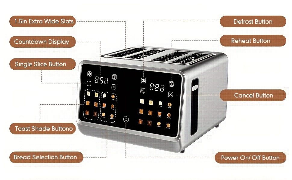 Toaster with Touch Screen Toaster Oven, 24-Slice, Stainless Steel Digital Timer Toaster with LCD Display, 6 Bread Types and 6 Browning Settings, Smart Extra-Wide Toaster Oven with Bagel Cancel and Defrost Function